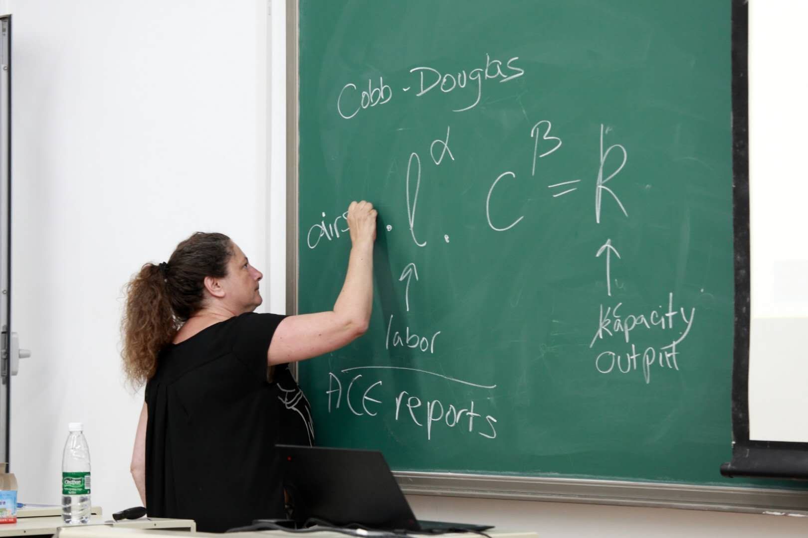 教授在黑板上用公式讲解生产理论(Product Theory)